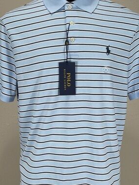 Ralph Lauren Classic Fit SO SOFT Light Blue Polo with Navy and White Stripes EUC
